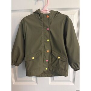 Old Navy Kids 3T Green Water Resistant Hooded Rain Jacket Colorful Snaps Pockets